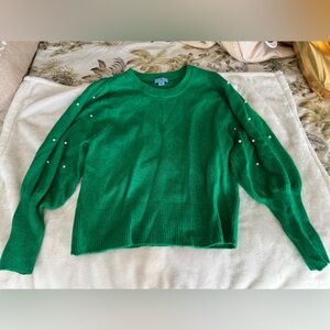Green Sweater with Pearl Accents